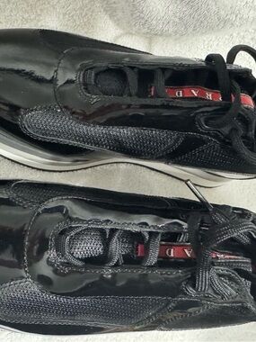Prada Black Patent Leather and Mesh Sneakers with Red Tongue Detail